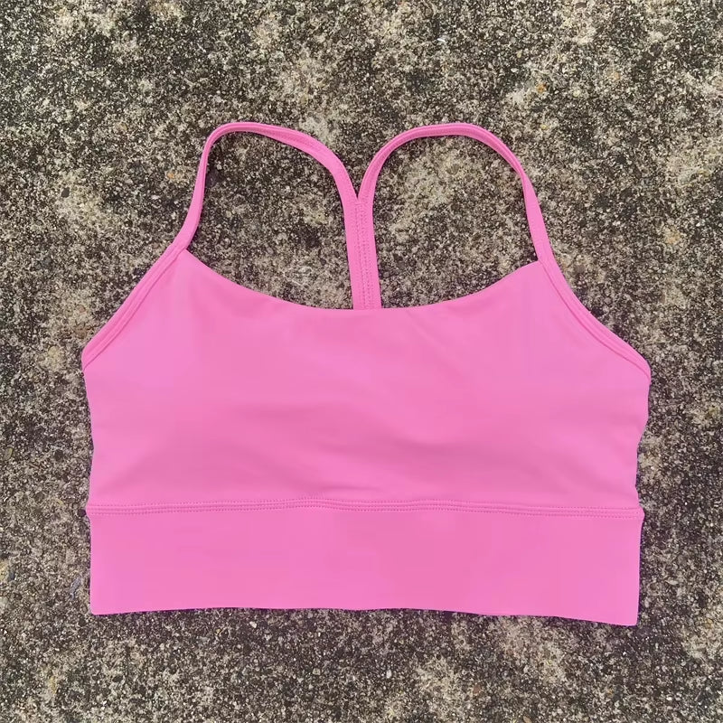 Solid Color Y Shape Line Women Fitness Sport Bra Top Soft Tight Comprehensive Training Jogging Gym Yoga Underwear with Chest Pad
