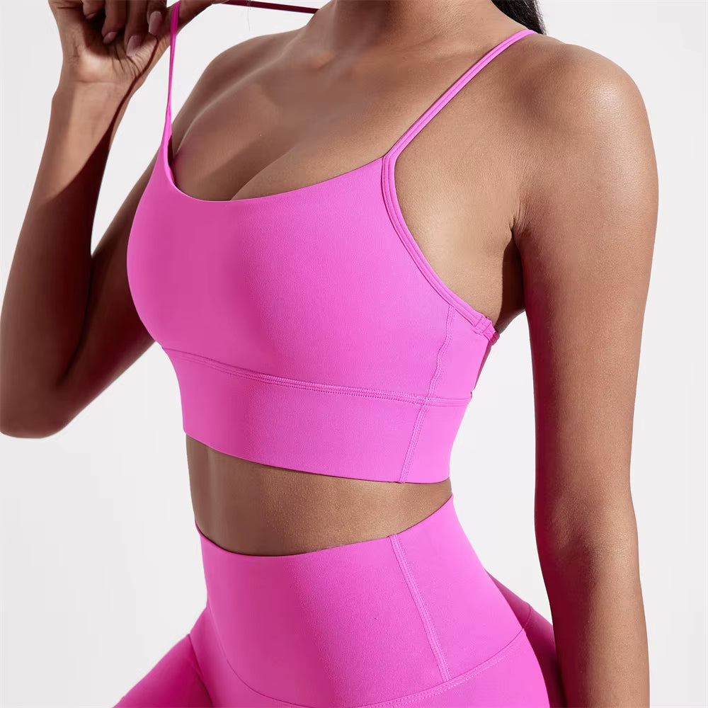 Solid Color Y Shape Line Women Fitness Sport Bra Top Soft Tight Comprehensive Training Jogging Gym Yoga Underwear with Chest Pad