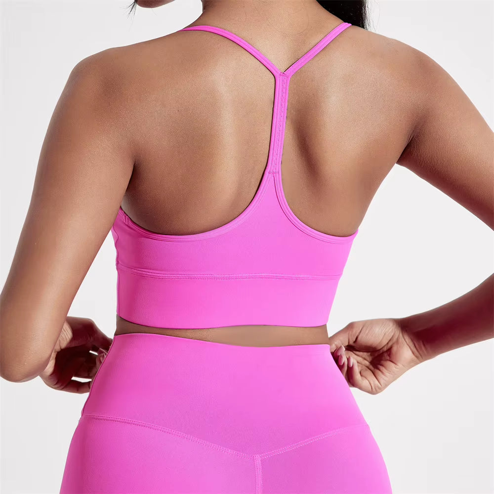 Solid Color Y Shape Line Women Fitness Sport Bra Top Soft Tight Comprehensive Training Jogging Gym Yoga Underwear with Chest Pad