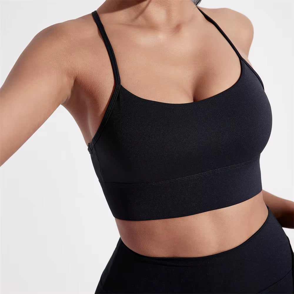 Solid Color Y Shape Line Women Fitness Sport Bra Top Soft Tight Comprehensive Training Jogging Gym Yoga Underwear with Chest Pad